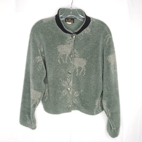 The Wudcahk Cropped Fleece Jacket M Green Elk Deer Animal Buttons Naturecore NH - Picture 1 of 8